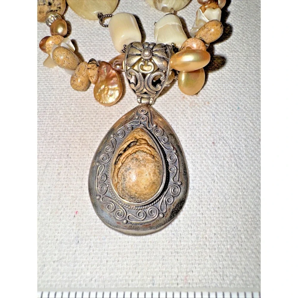 Vintage Sterling Silver Mother of Pearl Jasper‎ Necklace Womens OS Tan Bohemian